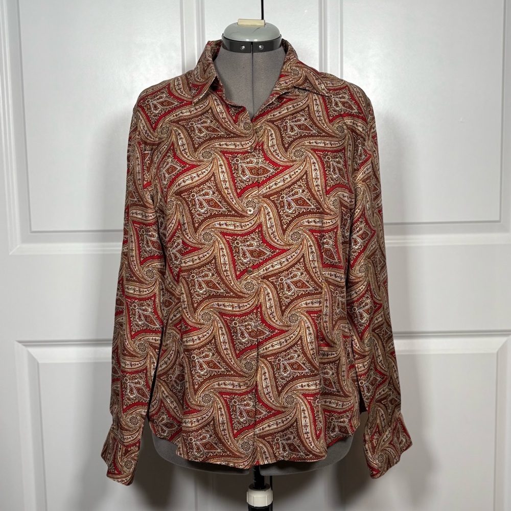 Talbots Woman Silk Paisley Floral Brown Vine Button Front Blouse